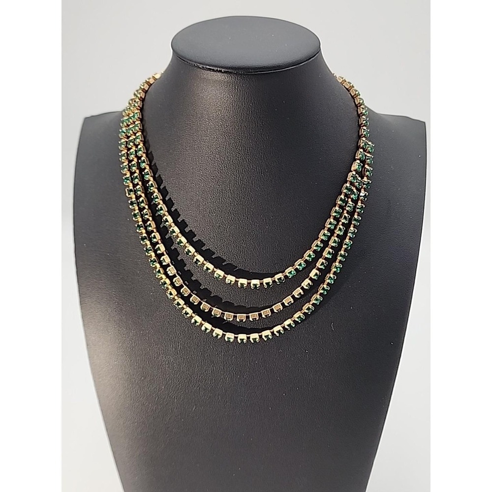 Vintage Kramer Of New York Emerald Green Rhinestone Choker 3‎ strand Necklace